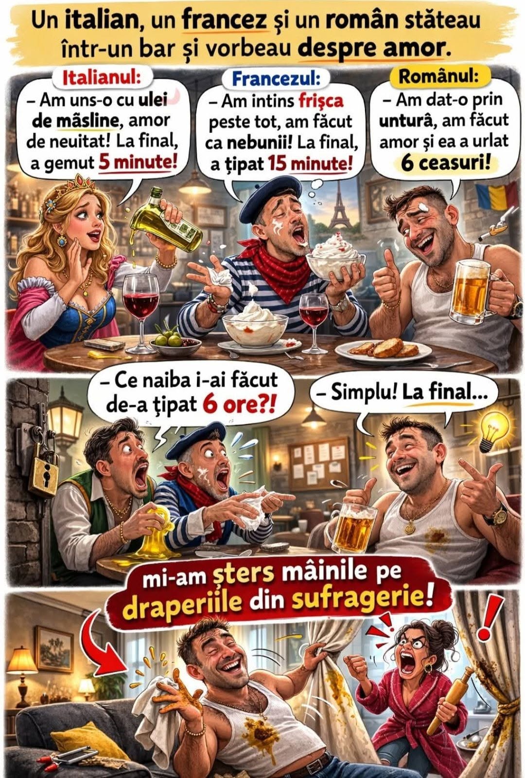 Un italian, un francez și un român vorbeau despre amor. Românul: am dat-o prin untură și a urlat 6 ore! Simplu, la final mi-am șters mâinile pe draperii!