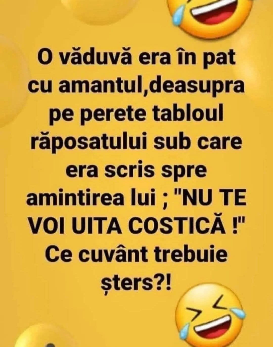 O văduvă era în pat cu amantul, iar deasupra, tabloul răposatului: „Nu te voi uita, Costică!”. Ce cuvânt trebuie șters?!