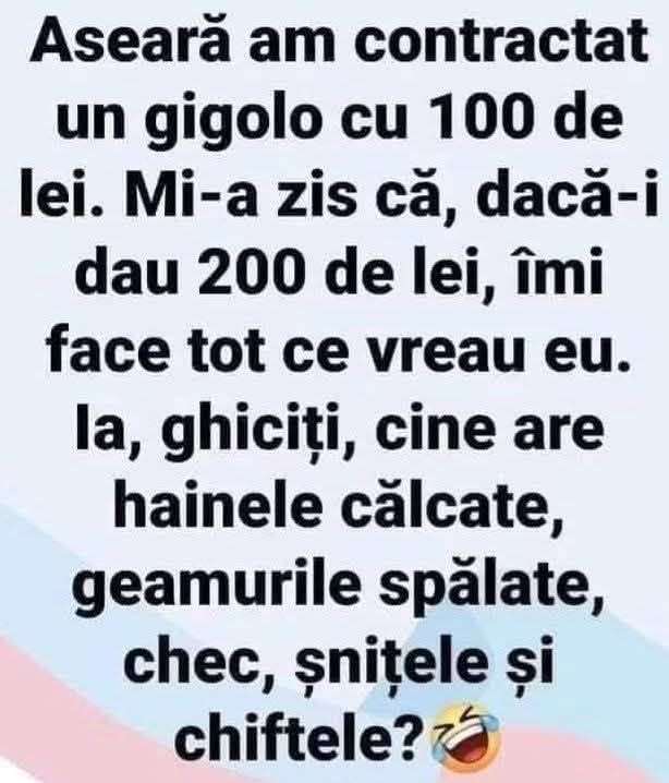 Aseară am contractat un gigolo cu 100 de lei. Mi-a zis că pentru 200 face tot ce vreau eu. Ghiciți cine are hainele călcate, geamurile spălate și chiftele?