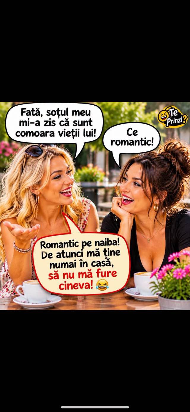 Fată, soțul meu mi-a zis că sunt comoara vieții lui! Ce romantic! Romantic pe naiba, de atunci mă ține numai în casă să nu mă fure cineva!