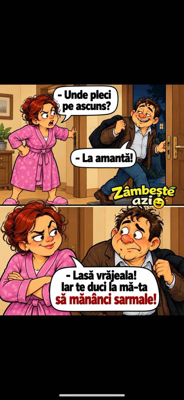 Unde pleci pe ascuns? La amantă! Lasă vrăjeala, iar te duci la mă-ta să mănânci sarmale!