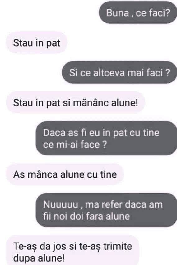 Ce faci? Stau în pat și mănânc alune. Dacă aș fi eu în pat cu tine, ce mi-ai face? Te-aș da jos și te-aș trimite după alune!