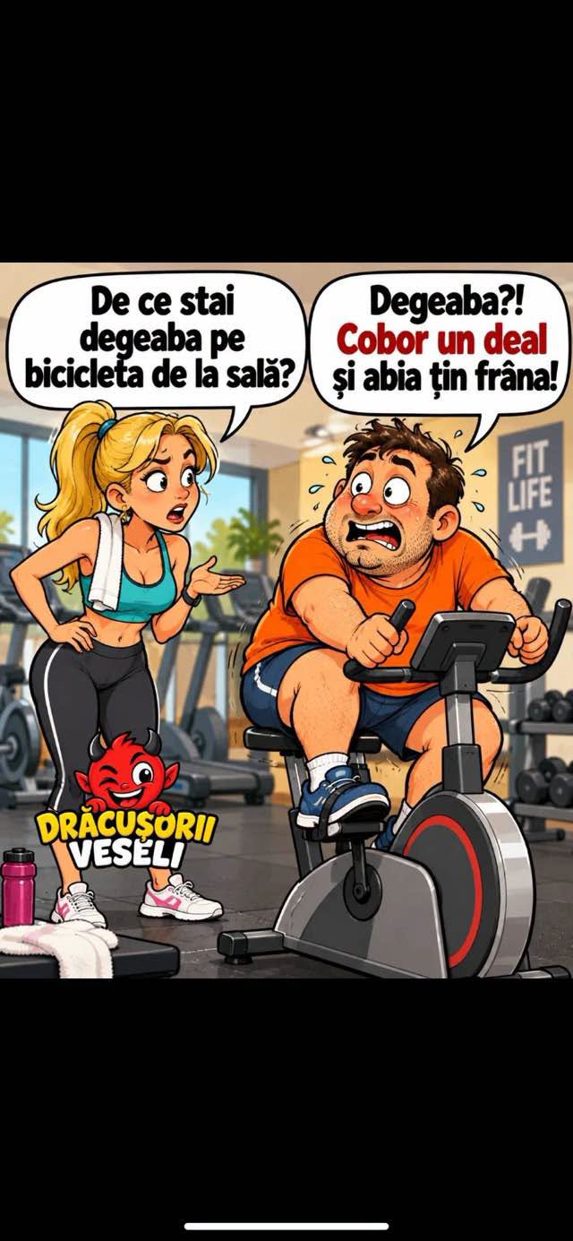 De ce stai degeaba pe bicicleta de la sală? Degeaba?! Cobor un deal și abia țin frâna!