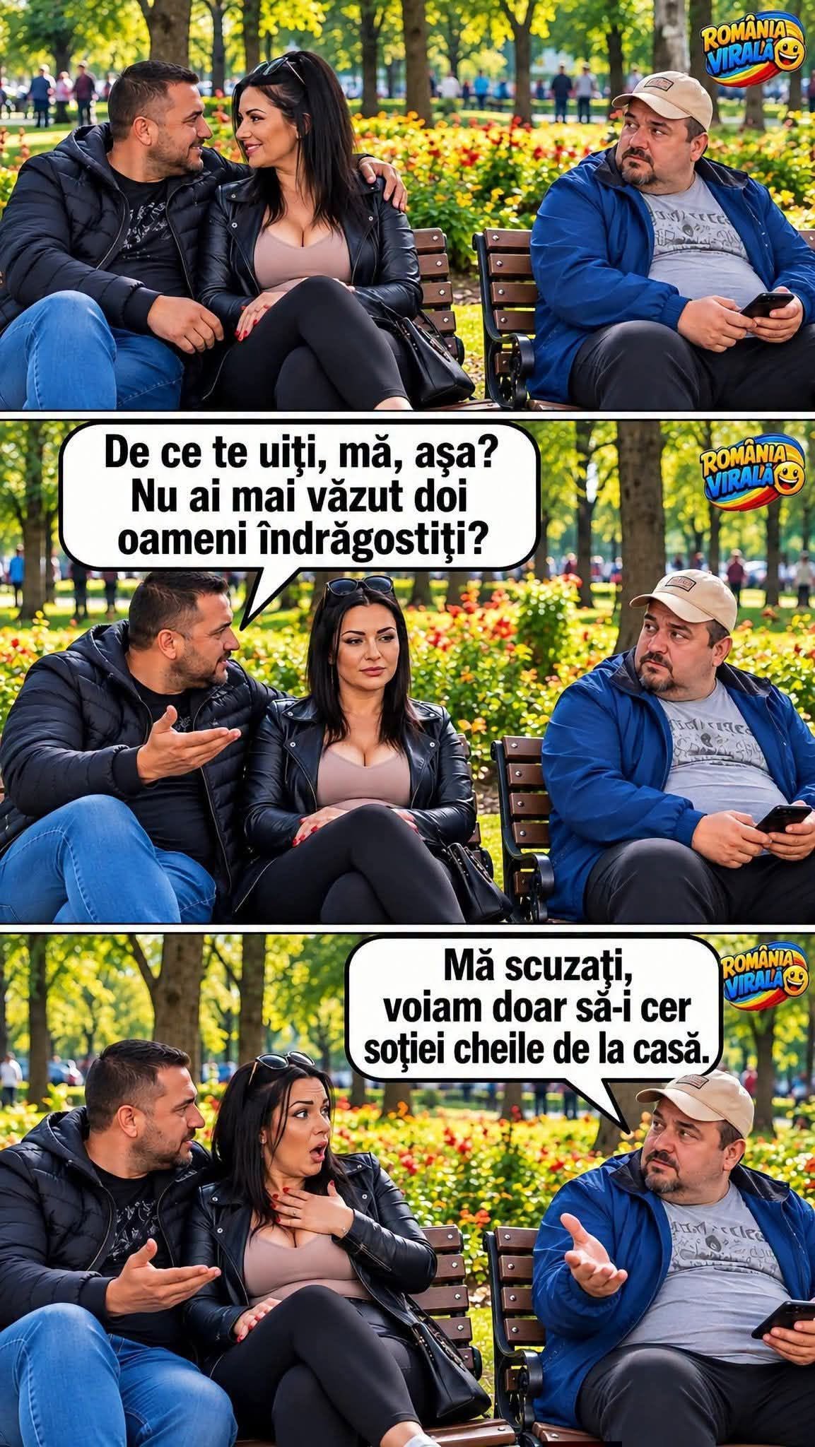 De ce te uiți, mă, așa? Nu ai mai văzut doi oameni îndrăgostiți? Mă scuzați, voiam doar să-i cer soției cheile de la casă