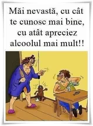 Măi nevastă, cu cât te cunosc mai bine, cu atât apreciez alcoolul mai mult!