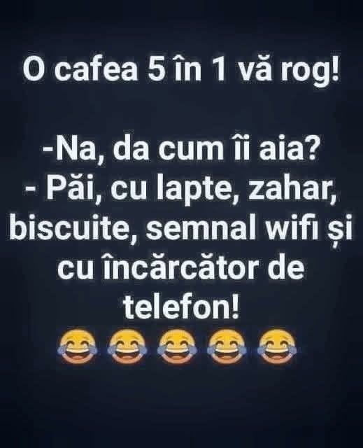 O cafea 5 în 1, vă rog! Cum îi aia? Cu lapte, zahăr, biscuite, semnal Wi-Fi și încărcător de telefon!