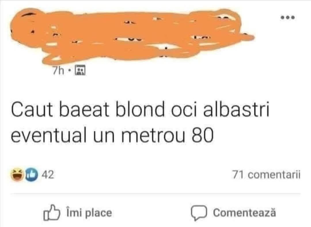 Caut băiat blond, ochi albaștri, eventual un metrou 80