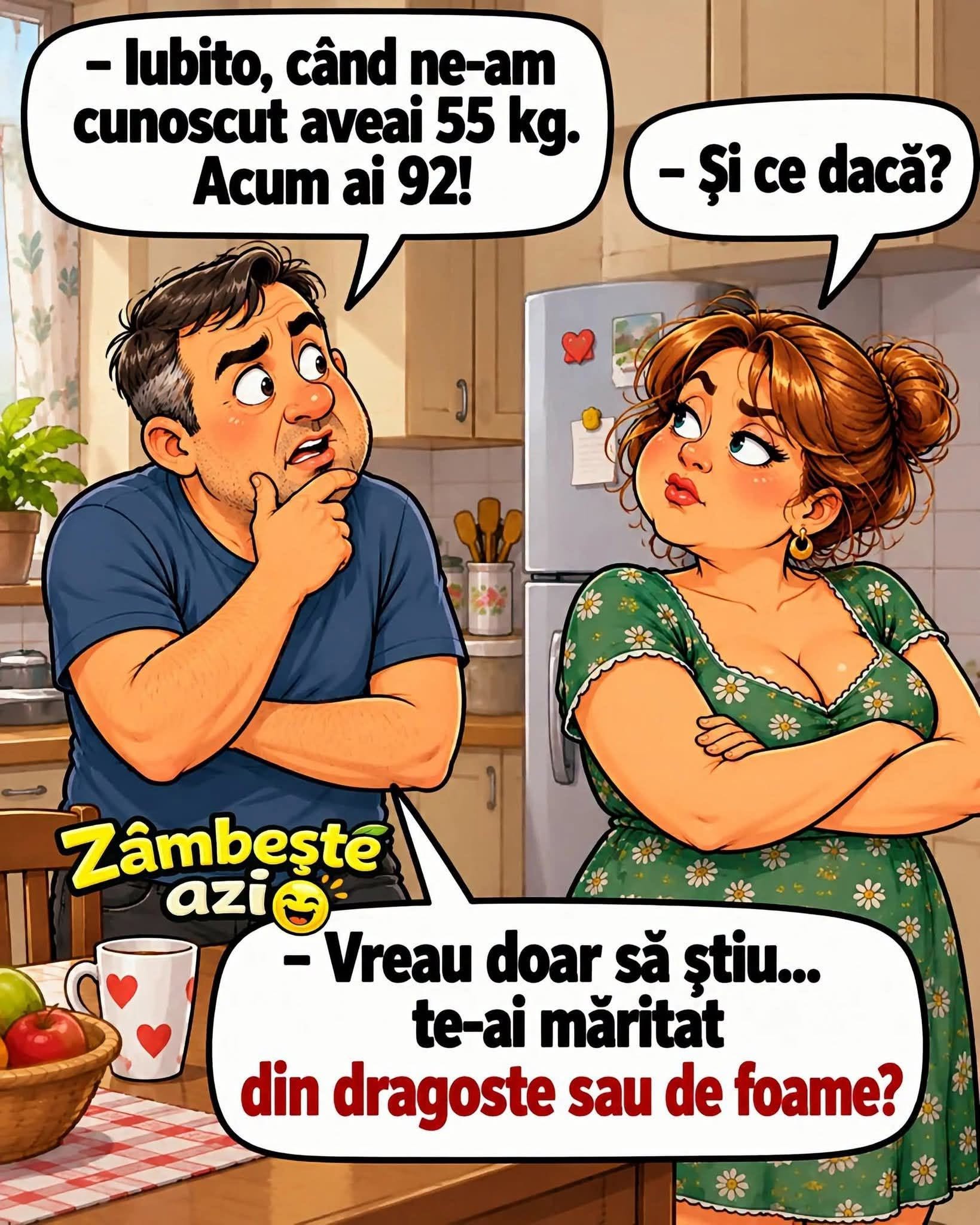 Iubito, când ne-am cunoscut aveai 55 kg. Acum ai 92! Și ce dacă? Vreau doar să știu: te-ai măritat din dragoste sau de foame?