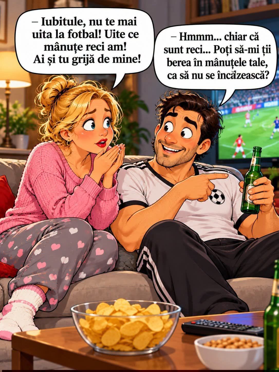 Iubitule, nu te mai uita la fotbal! Uite ce mânuțe reci am! Hmm... chiar că sunt reci... Poți să-mi ții berea în mânuțele tale, să nu se încălzească?