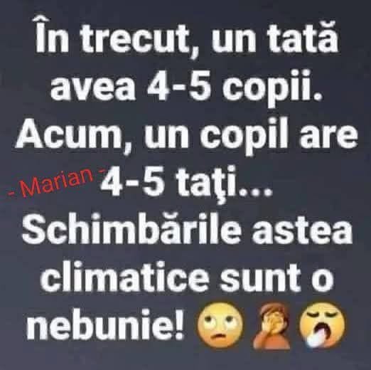 În trecut, un tată avea 4-5 copii. Acum, un copil are 4-5 tați... Schimbările astea climatice sunt o nebunie!