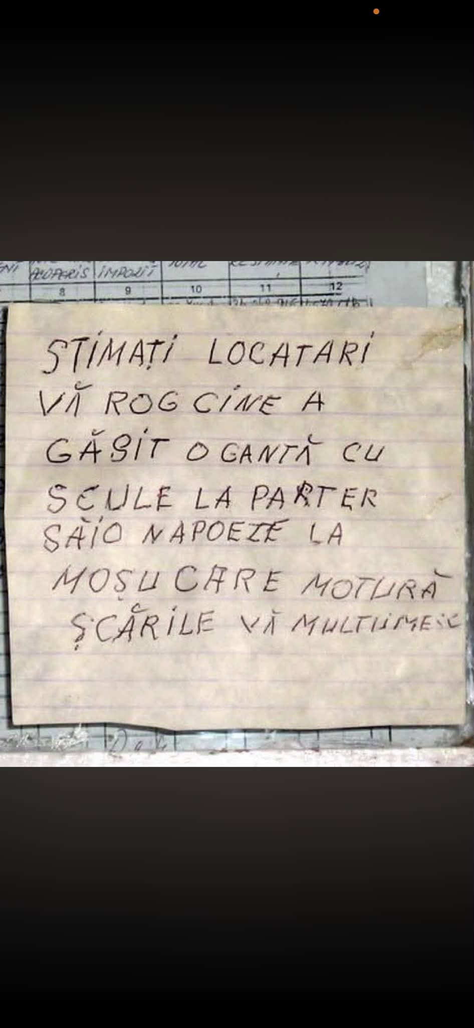 Stimați locatari, vă rog, cine a găsit o geantă cu scule la parter s-o napoieze la moșu' care mătură scările. Vă mulțumesc!