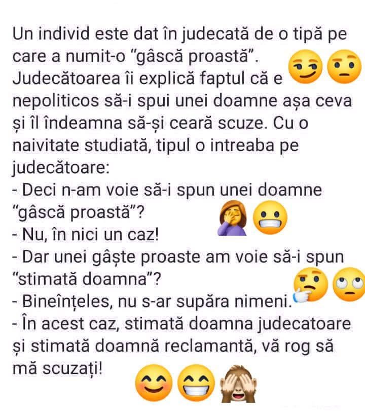 Unui individ judecat că a numit o tipă „gâscă proastă”, judecătoarea îi cere scuze. Unei gâște proaste pot să-i spun „stimată doamnă”? Atunci, stimată doamnă, îmi cer scuze!