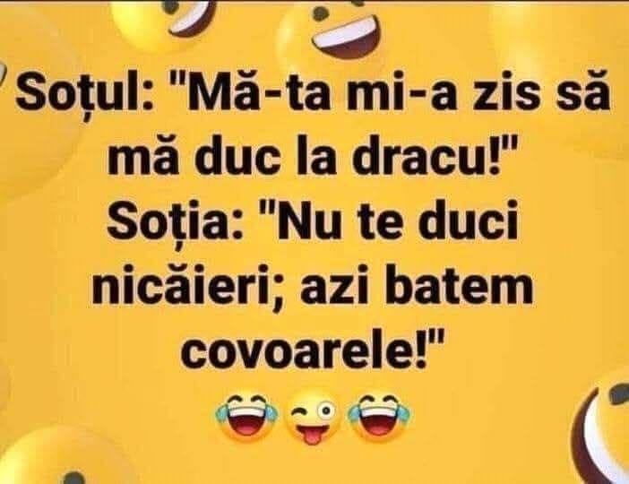 Soțul: Mă-ta mi-a zis să mă duc la dracu'! Soția: Nu te duci nicăieri, azi batem covoarele!
