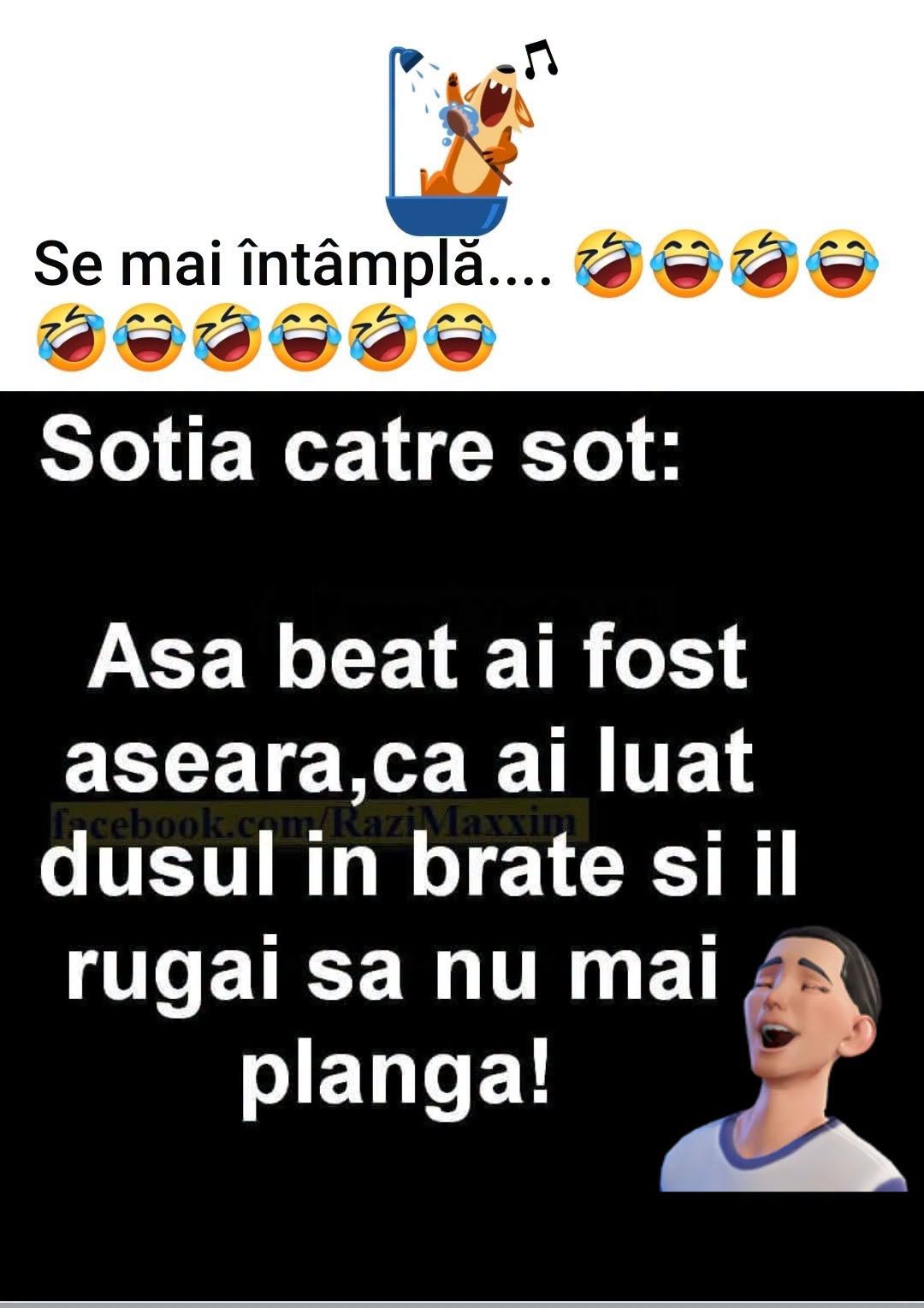 Soția către soț: Așa beat ai fost aseară că ai luat dușul în brațe și l-ai rugat să nu mai plângă!