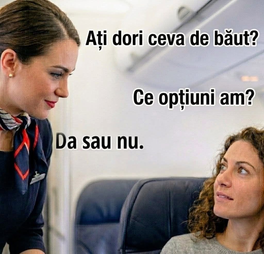Ați dori ceva de băut? Ce opțiuni am? Da sau nu.