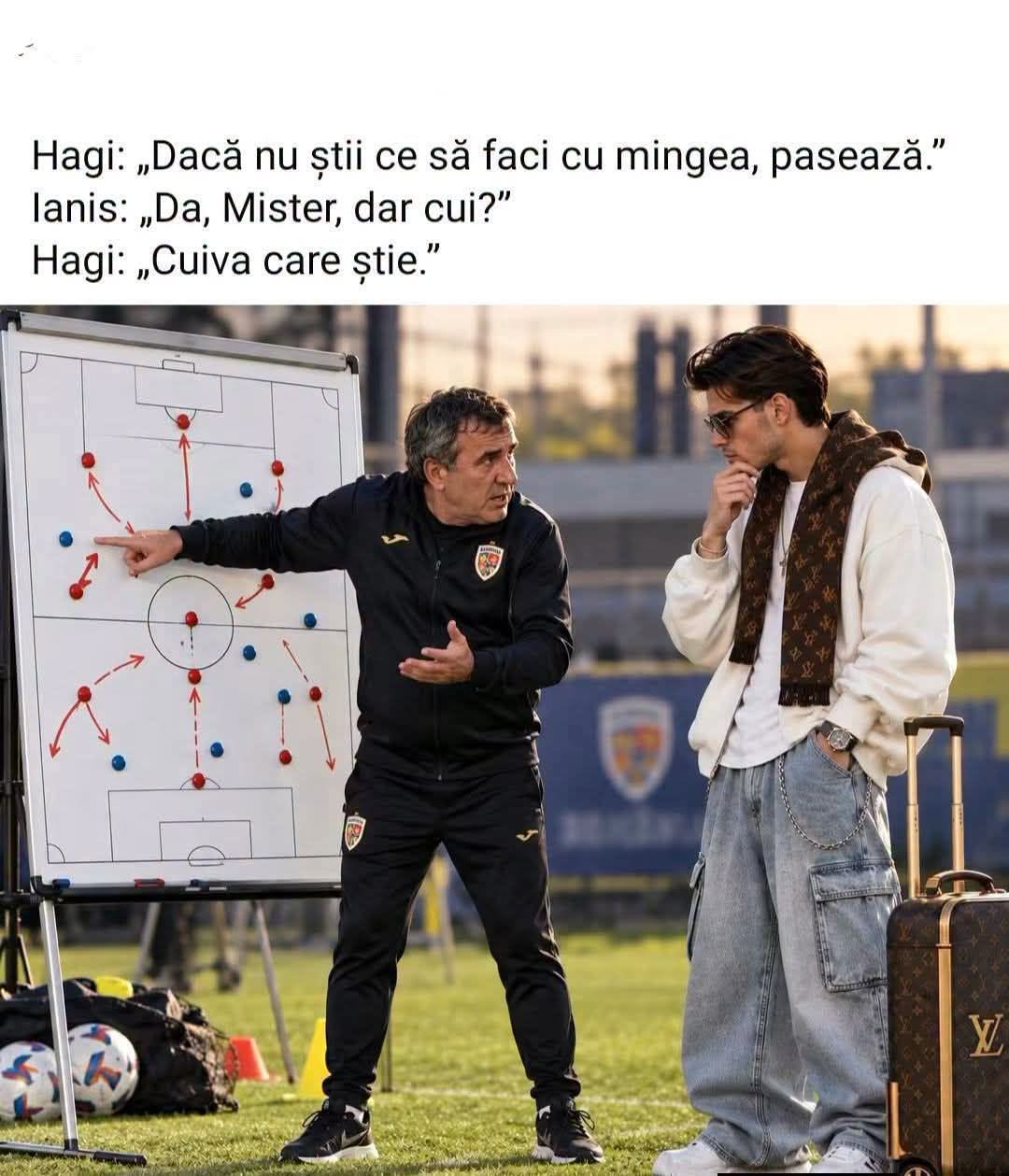 Hagi: Dacă nu știi ce să faci cu mingea, pasează. Ianis: Da, Mister, dar cui? Hagi: Cuiva care știe.