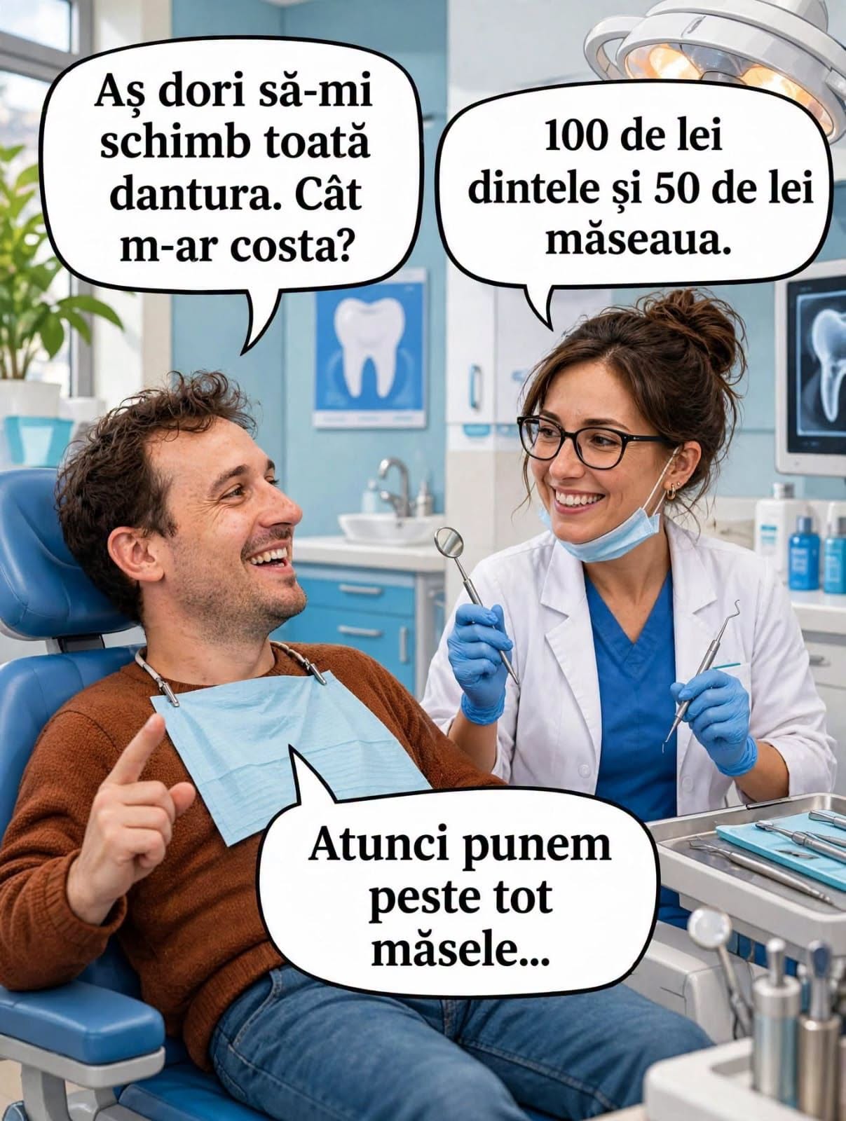 Aș dori să-mi schimb toată dantura. Cât m-ar costa? 100 de lei dintele și 50 de lei măseaua. Atunci punem peste tot măsele...