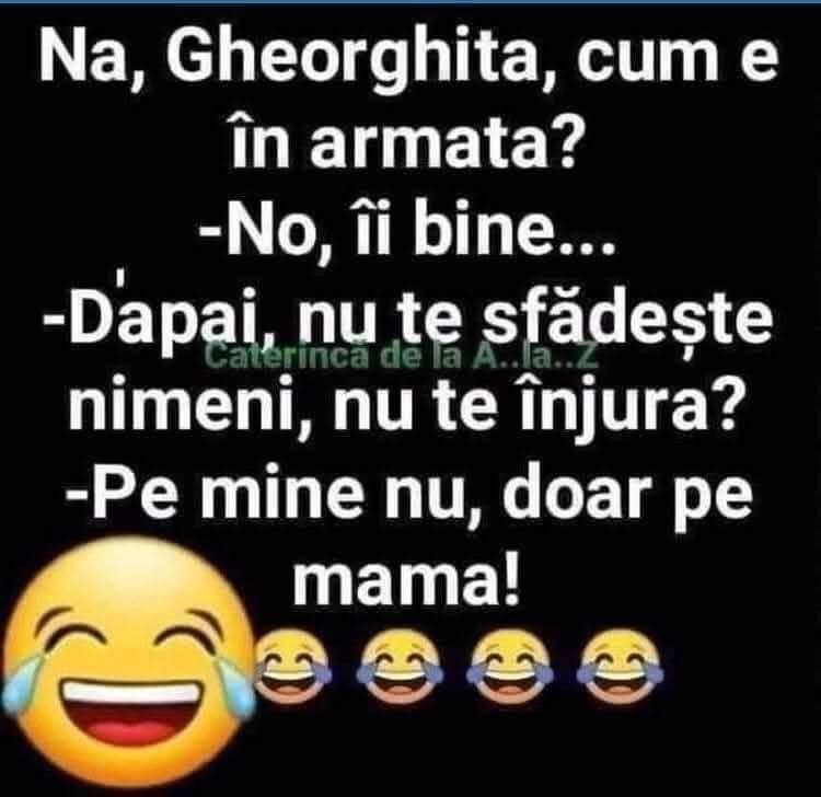 Na, Gheorghiță, cum e în armată? No, îi bine... Dapăi, nu te sfădește nimeni, nu te înjură? Pe mine nu, doar pe mama!