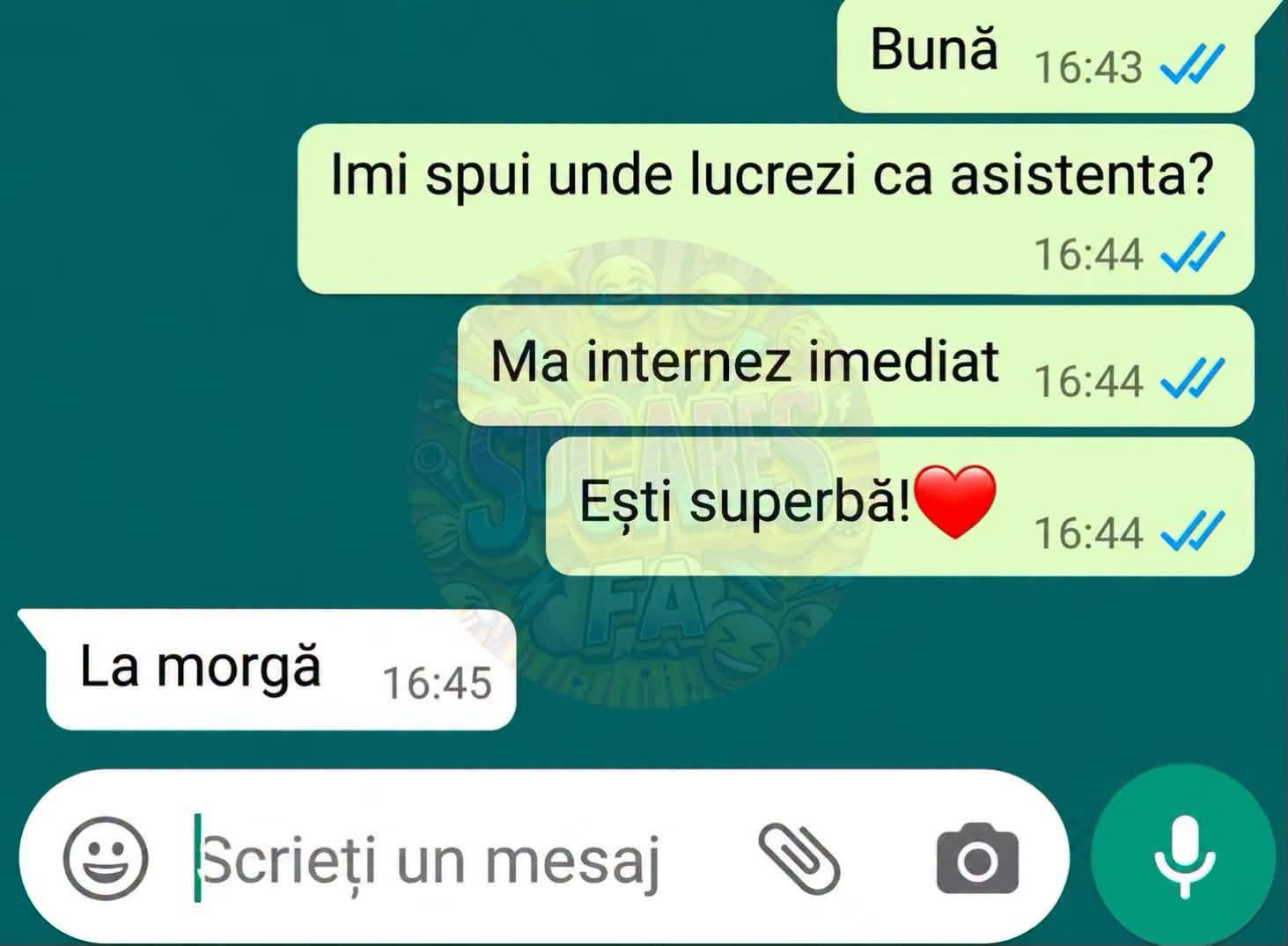 Îmi spui unde lucrezi ca asistentă? Mă internez imediat! Ești superbă! La morgă.