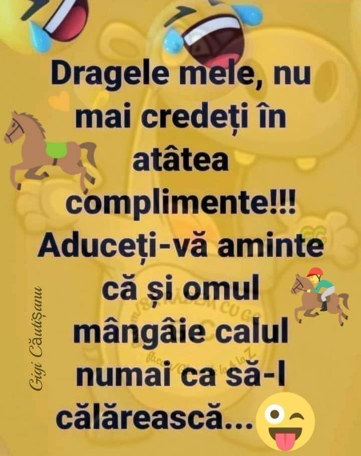 Dragele mele, nu mai credeți în atâtea complimente! Aduceți-vă aminte că și omul mângâie calul numai ca să-l călărească...