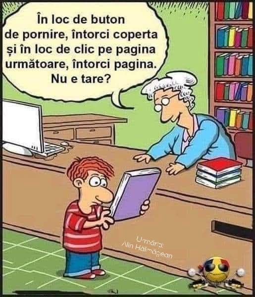 În loc de buton de pornire, întorci coperta, iar în loc de clic pe pagina următoare, întorci pagina. Nu e tare?