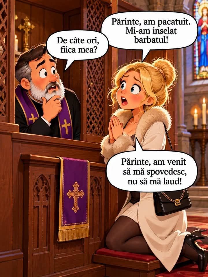 Părinte, am păcătuit, mi-am înșelat bărbatul! De câte ori, fiica mea? Părinte, am venit să mă spovedesc, nu să mă laud!
