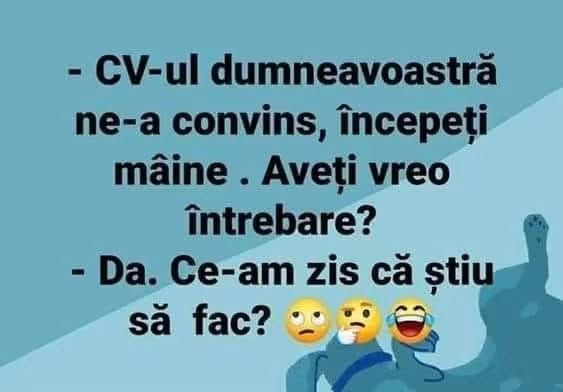 CV-ul dumneavoastră ne-a convins, începeți mâine. Aveți vreo întrebare? Da. Ce-am zis că știu să fac?