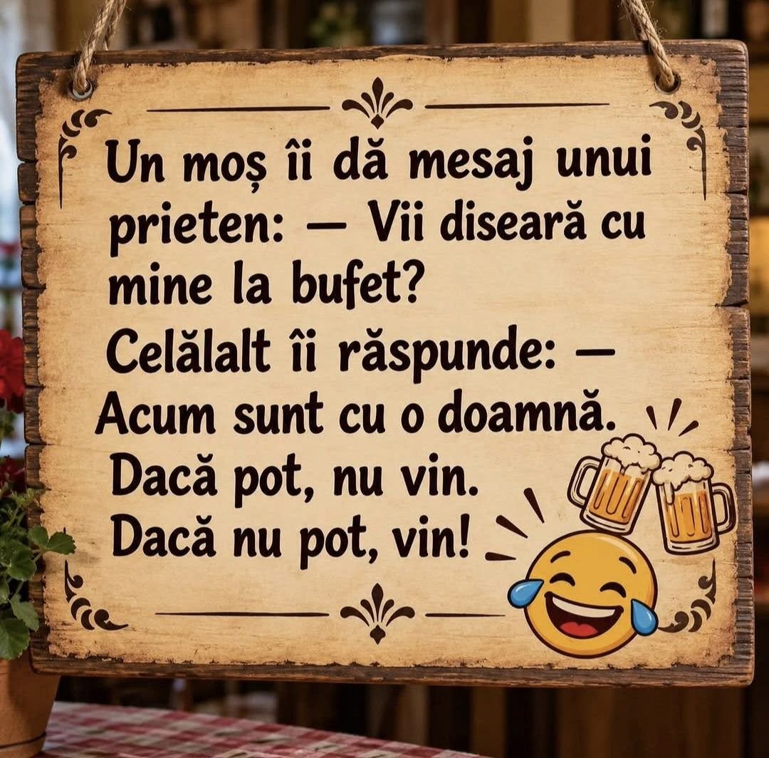 Un moș îi scrie unui prieten: Vii diseară la bufet? Acum sunt cu o doamnă. Dacă pot, nu vin. Dacă nu pot, vin!