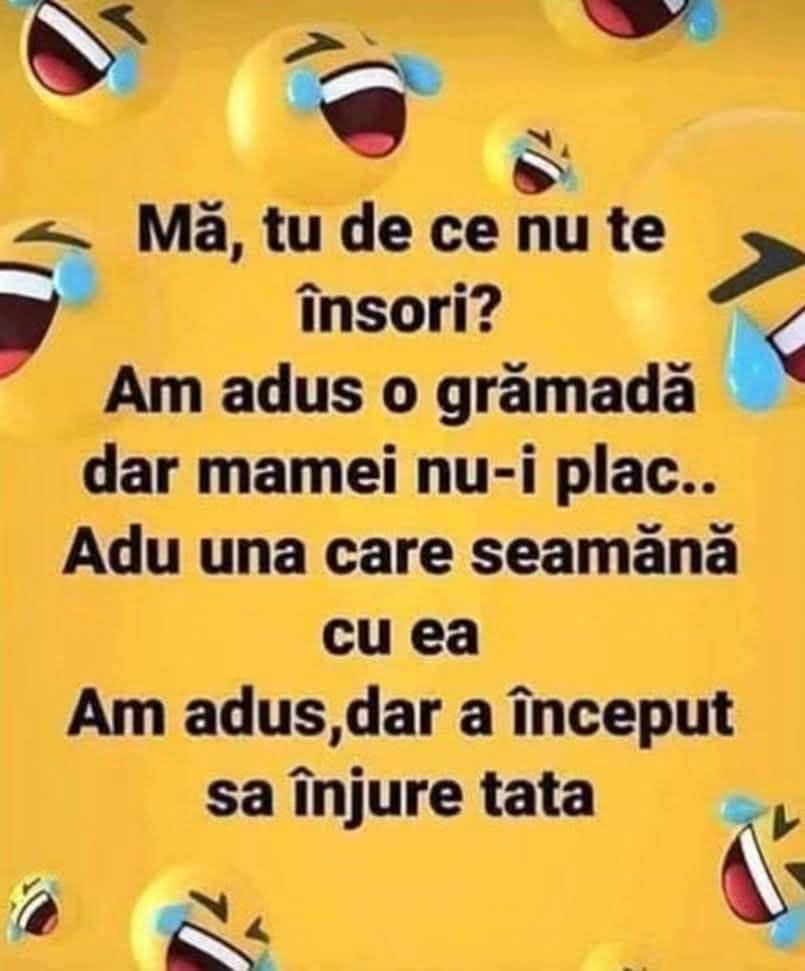 Mă, tu de ce nu te însori? Am adus o grămadă, dar mamei nu-i plac. Adu una care seamănă cu ea! Am adus, dar a început să înjure tata