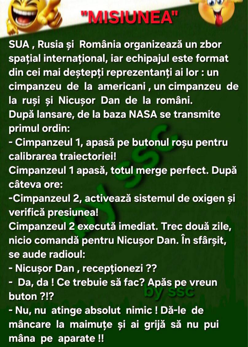 Misiunea: SUA, Rusia și România trimit în spațiu câte un cimpanzeu, iar România pe Nicușor Dan. Ordinul final: Nu atinge nimic! Dă-le mâncare la maimuțe!