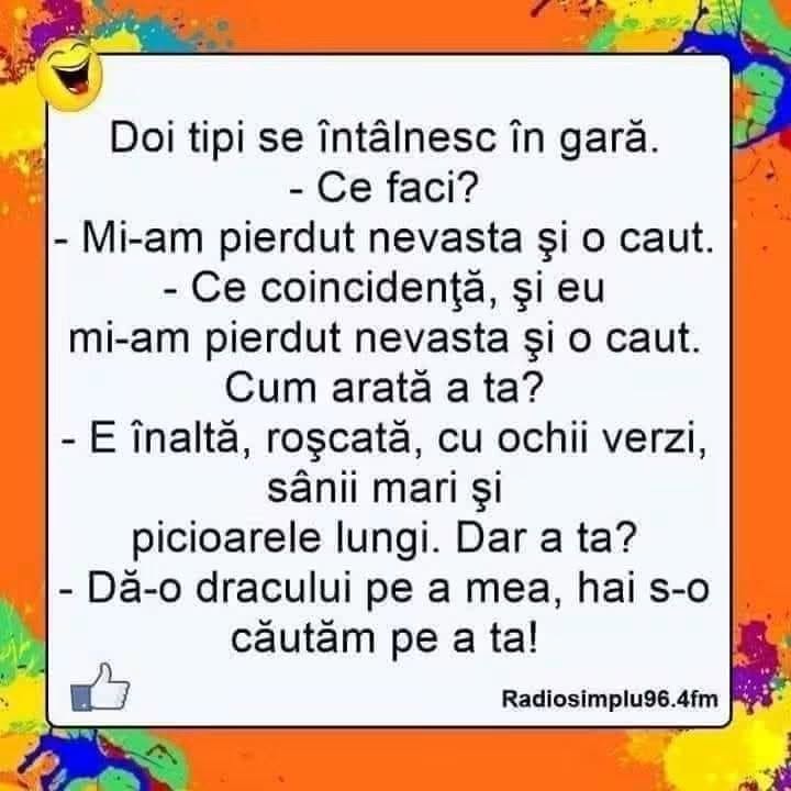 Doi tipi în gară își caută nevestele. A mea e înaltă, roșcată, cu ochii verzi și picioare lungi. Dar a ta? Dă-o dracului pe a mea, hai s-o căutăm pe a ta!