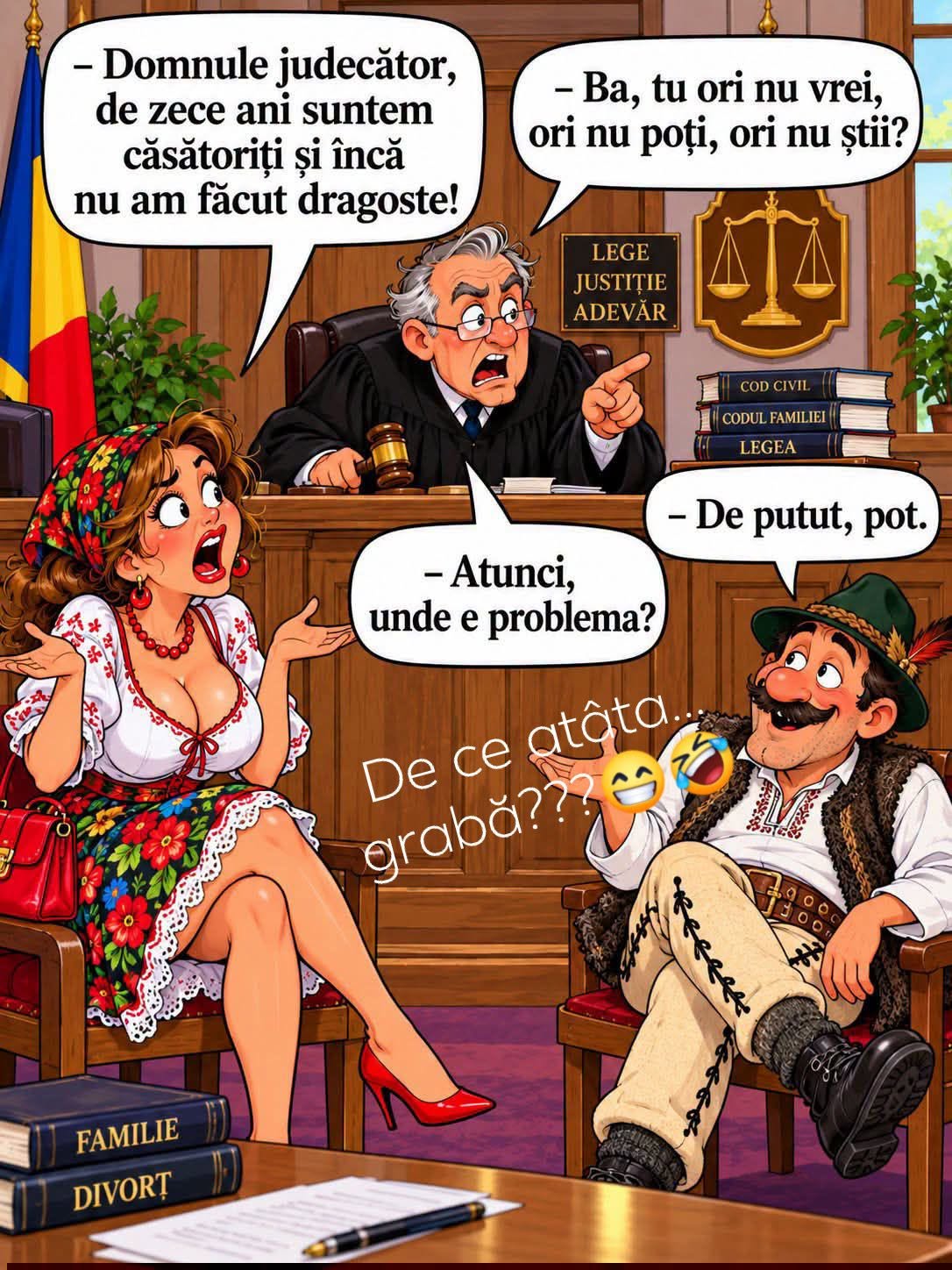 Domnule judecător, de zece ani suntem căsătoriți și nu am făcut dragoste! Ori nu vrei, ori nu poți, ori nu știi? De putut, pot. Atunci unde e problema?