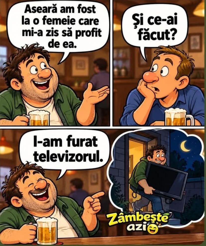 Aseară am fost la o femeie care mi-a zis să profit de ea. Și ce-ai făcut? I-am furat televizorul.