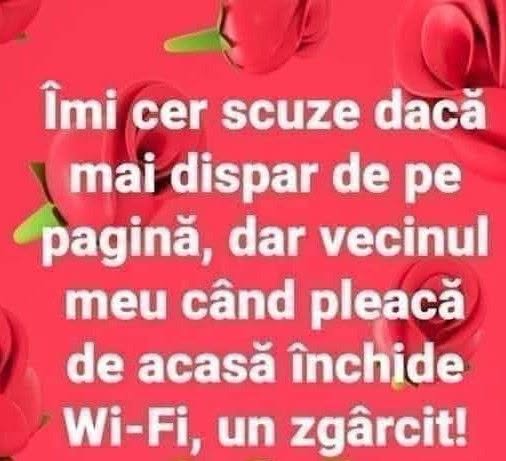Îmi cer scuze dacă mai dispar de pe pagină, dar vecinul meu, când pleacă de acasă, închide Wi-Fi-ul. Un zgârcit!
