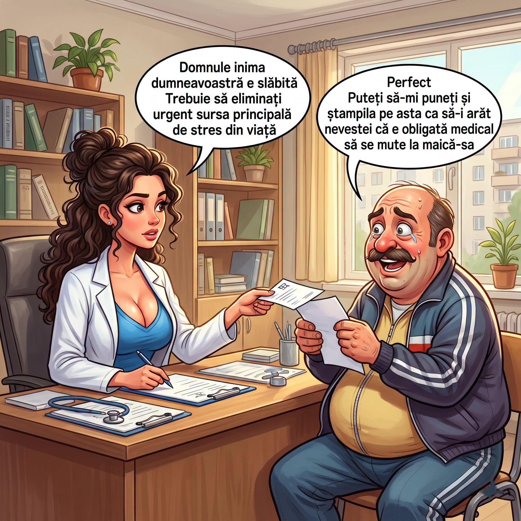 Trebuie să eliminați urgent sursa principală de stres din viață. Perfect! Puneți-mi și ștampila, să-i arăt nevestei că e obligatoriu medical să se mute la maică-sa