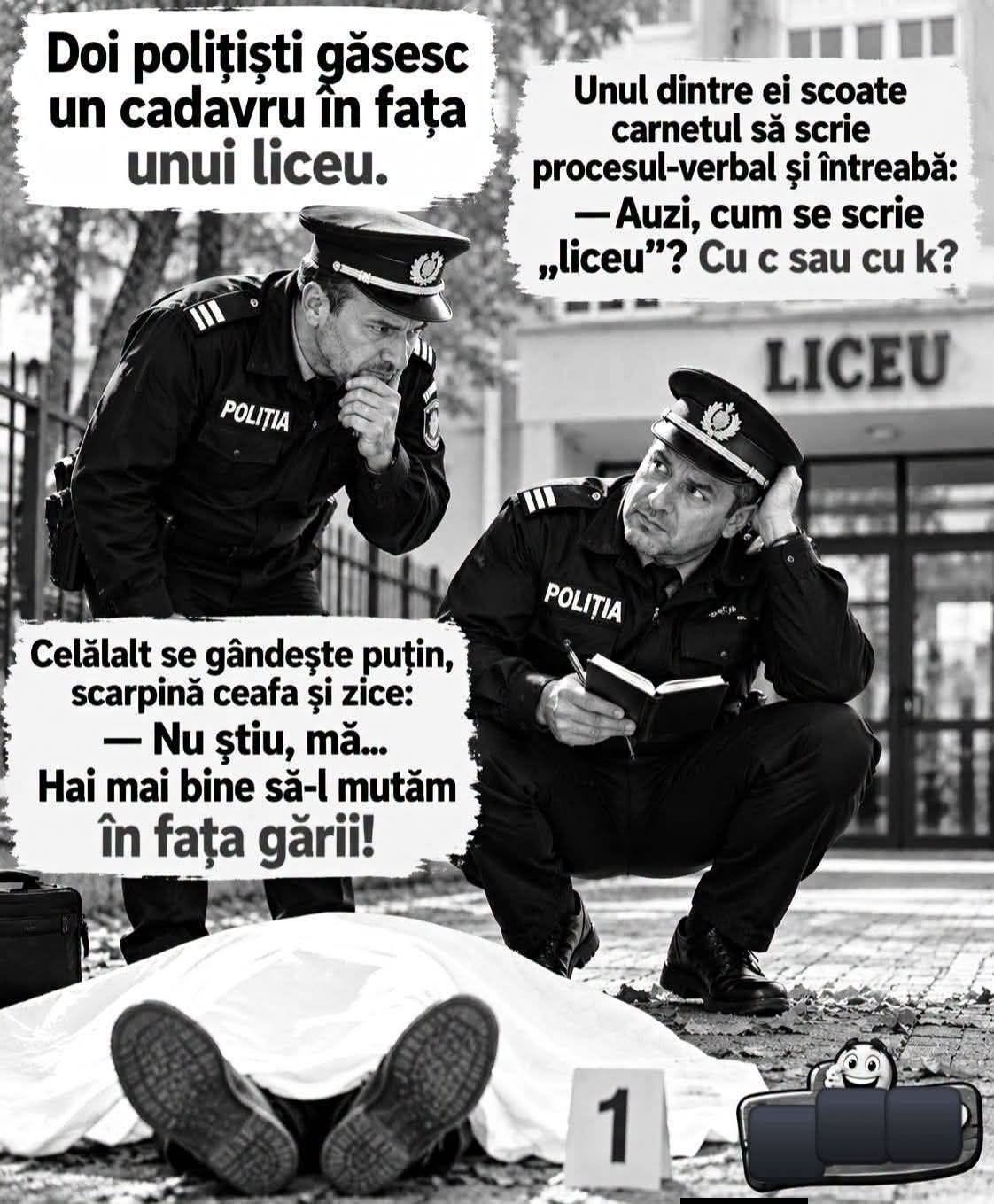 Doi polițiști găsesc un cadavru în fața unui liceu. Cum se scrie liceu, cu c sau cu k? Nu știu, mă... Hai mai bine să-l mutăm în fața gării!