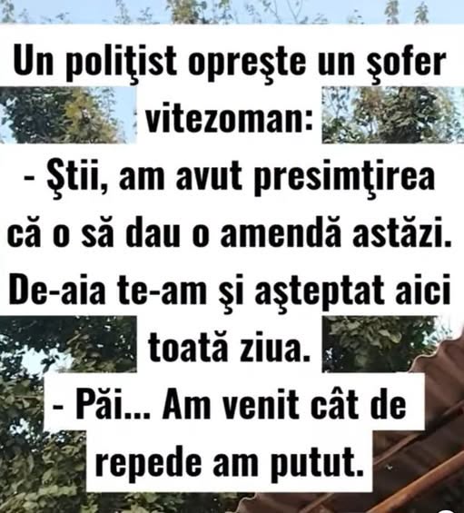 Un polițist oprește un vitezoman: Am avut presimțirea că o să dau o amendă azi, de-aia te-am așteptat toată ziua. Păi... am venit cât de repede am putut!