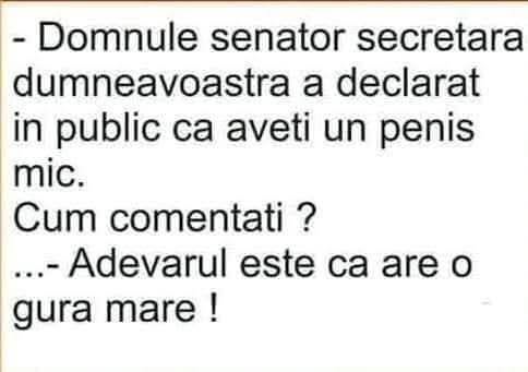 Domnule senator, secretara a declarat în public că aveți un penis mic. Cum comentați? Adevărul este că are o gură mare!