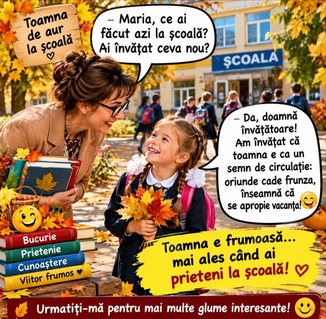 Maria, ce ai învățat azi la școală? Că toamna e ca un semn de circulație: oriunde cade frunza, înseamnă că se apropie vacanța!