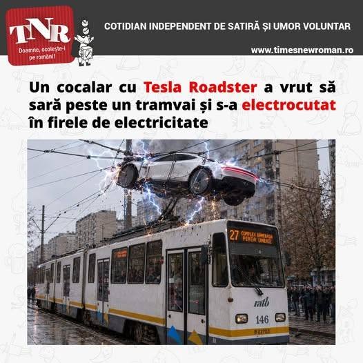 Un cocalar cu Tesla Roadster a vrut să sară peste un tramvai și s-a electrocutat în firele de electricitate