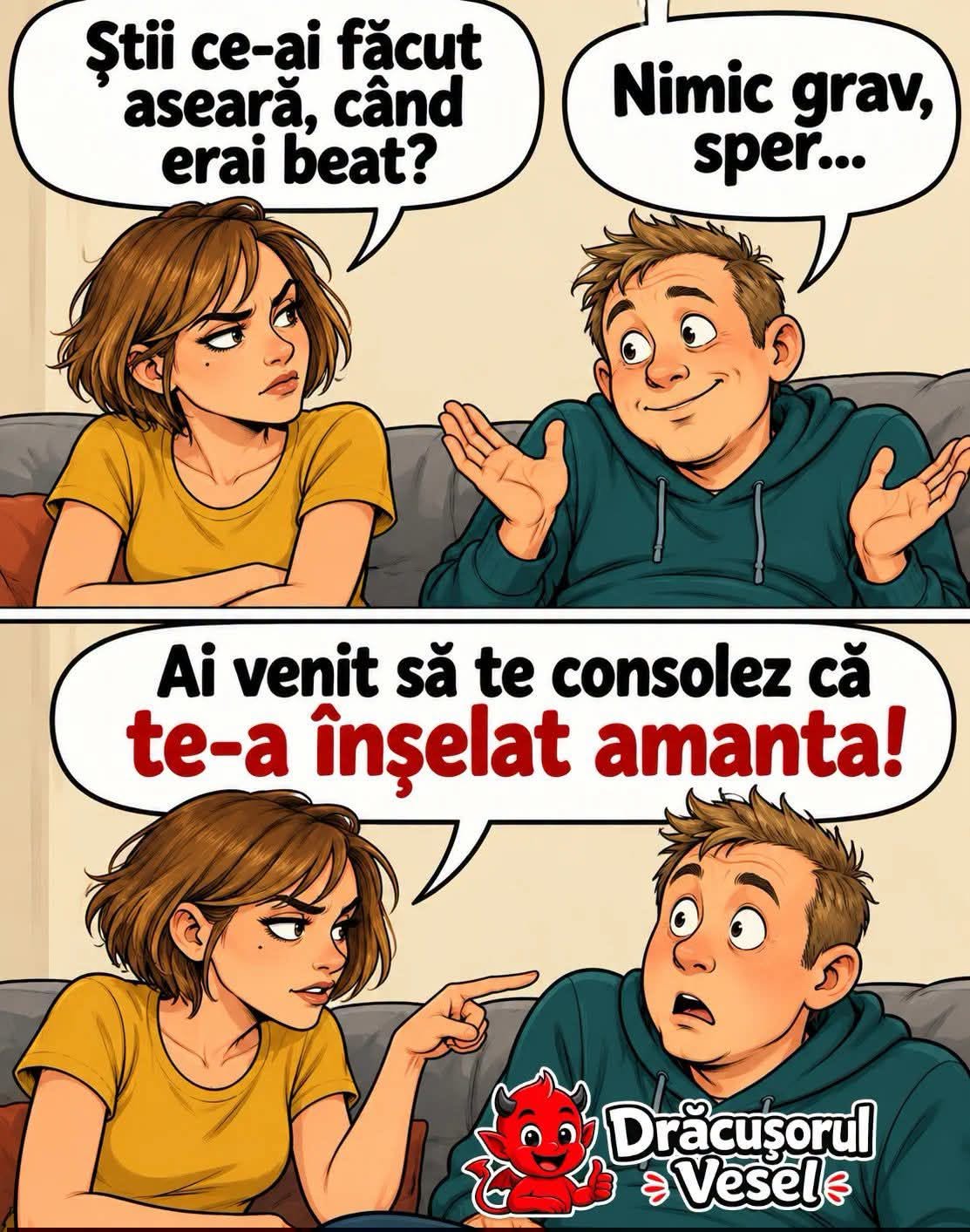 Știi ce-ai făcut aseară când erai beat? Ai venit să te consolez că te-a înșelat amanta!