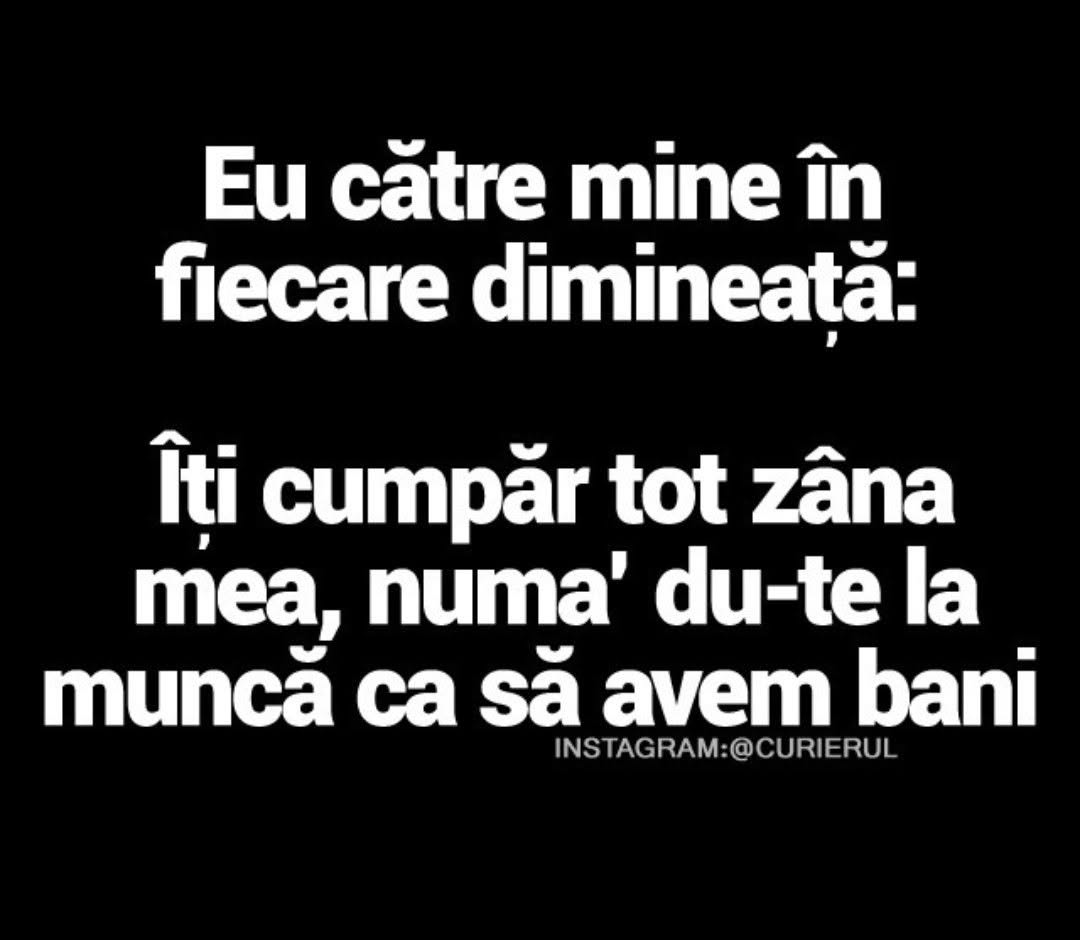 Eu către mine în fiecare dimineață: Îți cumpăr tot, zâna mea, numa' du-te la muncă să avem bani