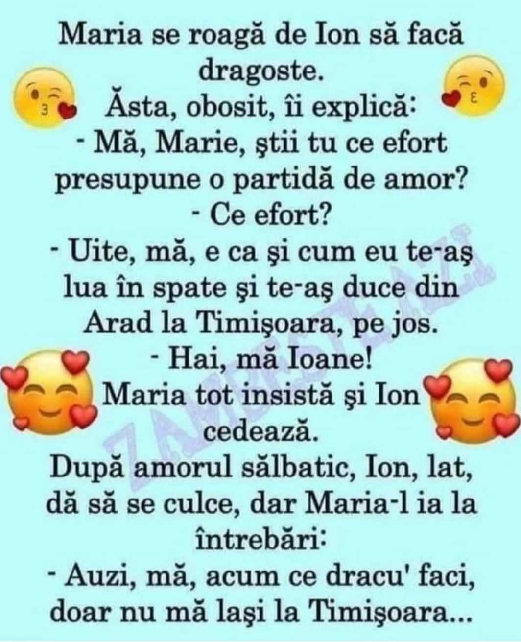 Maria se roagă de Ion să facă dragoste... Auzi, mă, acum ce faci, doar nu mă lași la Timișoara?