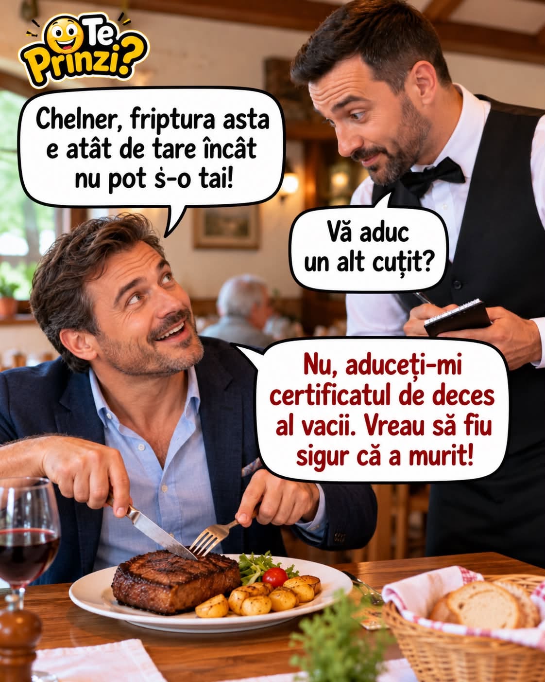 Chelner, friptura e atât de tare încât nu pot s-o tai! Aduceți-mi certificatul de deces al vacii, vreau să fiu sigur că a murit!
