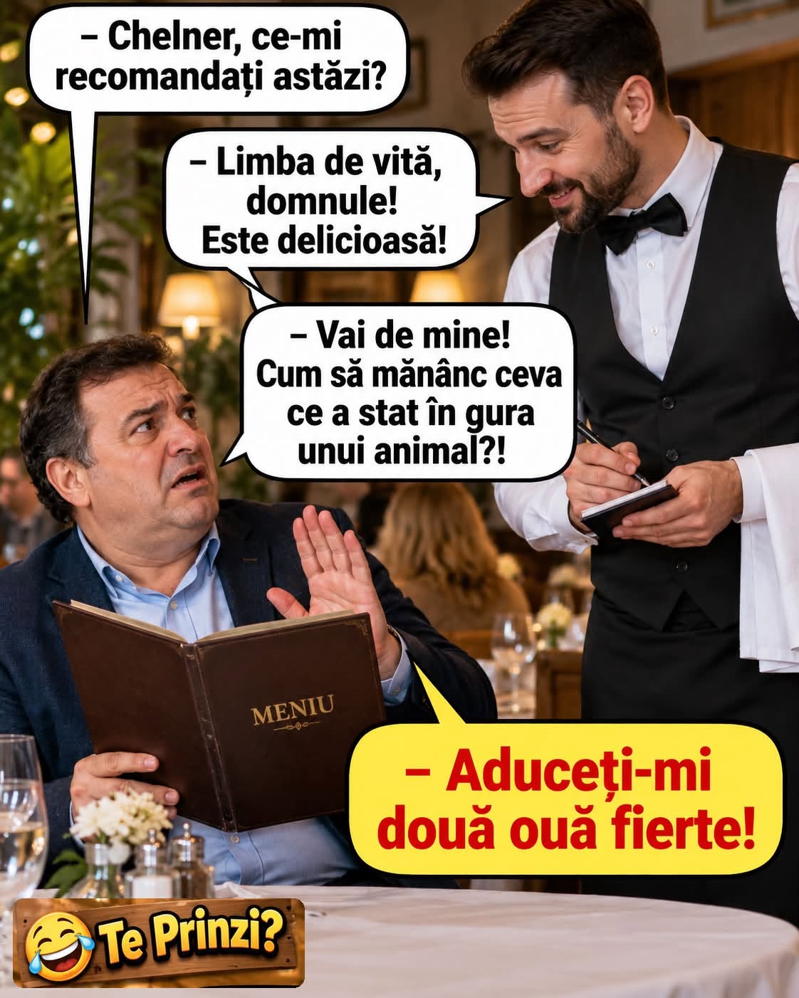 Chelner, ce-mi recomandați? Limbă de vită. Cum să mănânc ceva ce-a stat în gura unui animal? Aduceți-mi două ouă fierte!