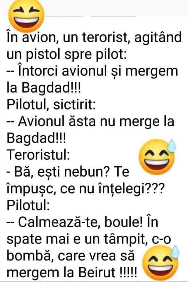 Un terorist în avion: Întoarce avionul, mergem la Bagdad! Calmează-te, în spate mai e un tâmpit, cu o bombă, care vrea la Beirut!