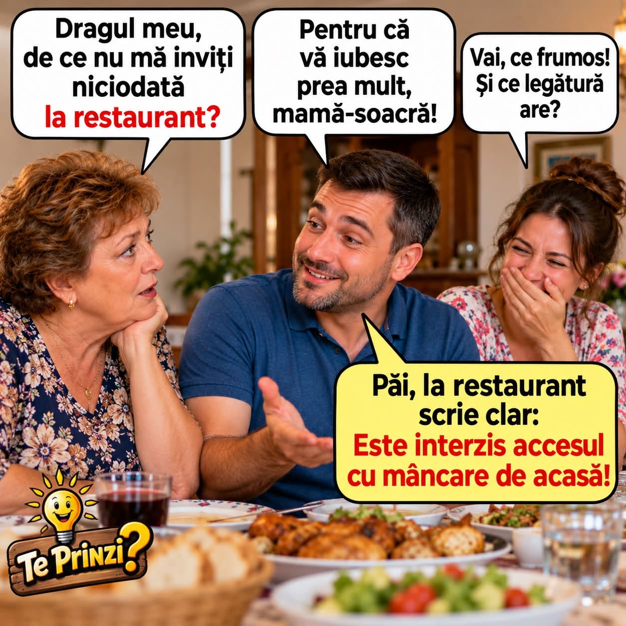 Dragul meu, de ce nu mă inviți niciodată la restaurant? Pentru că la restaurant scrie clar: interzis accesul cu mâncare de acasă!