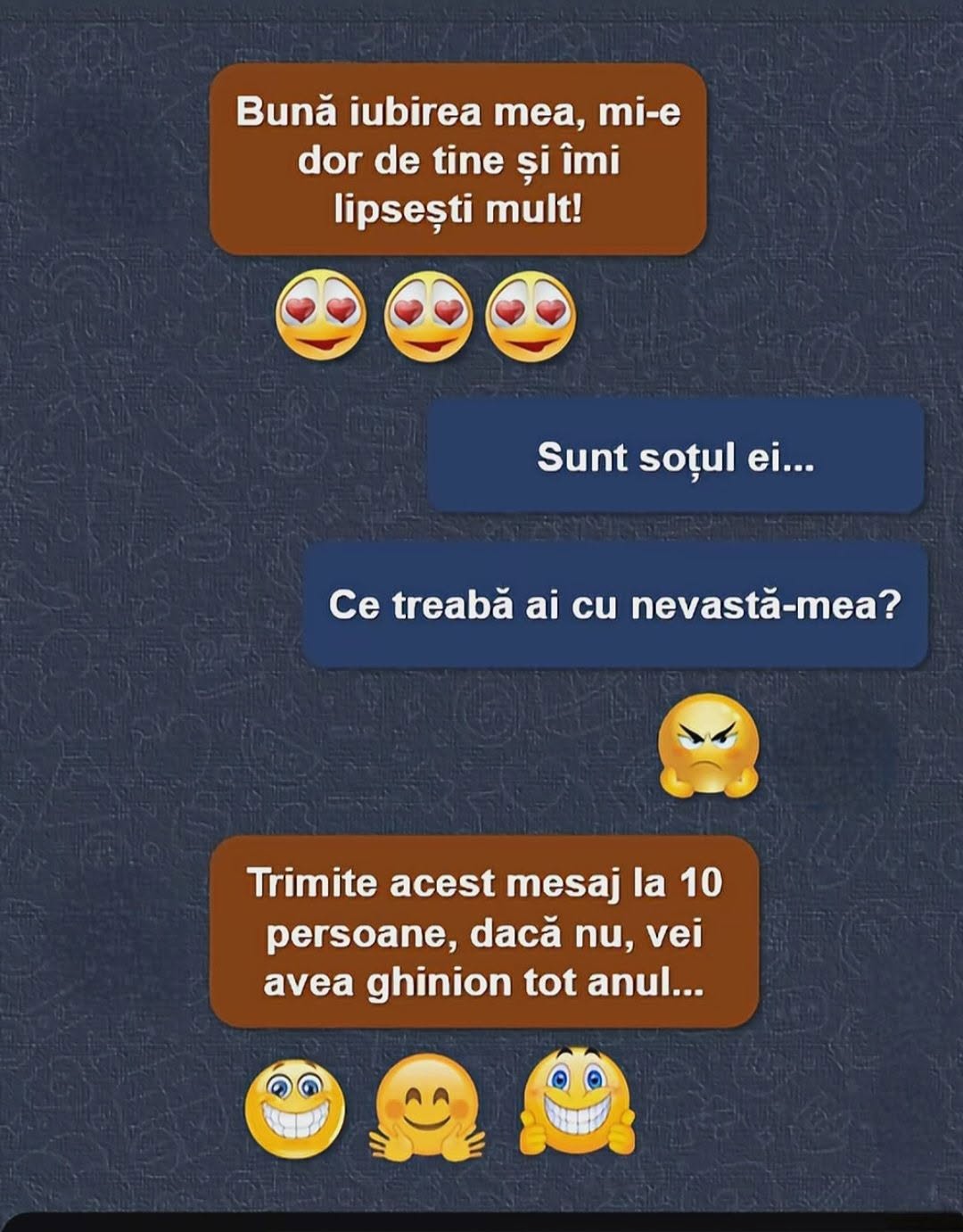 Bună, iubirea mea, mi-e dor de tine! Sunt soțul ei... Ce treabă ai cu nevastă-mea? Trimite acest mesaj la 10 persoane!