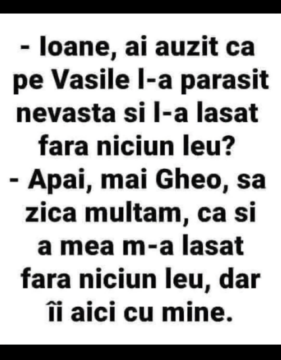 Ioane, ai auzit că pe Vasile l-a părăsit nevasta și l-a lăsat fără niciun leu? Să zică mulțam, că și a mea m-a lăsat fără niciun leu, dar îi aici cu mine