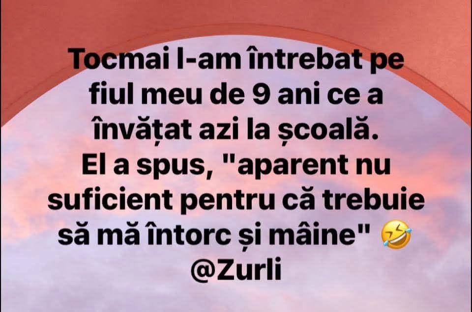 L-am întrebat pe fiul meu de 9 ani ce a învățat azi la școală. A zis: aparent nu suficient, pentru că trebuie să mă întorc și mâine